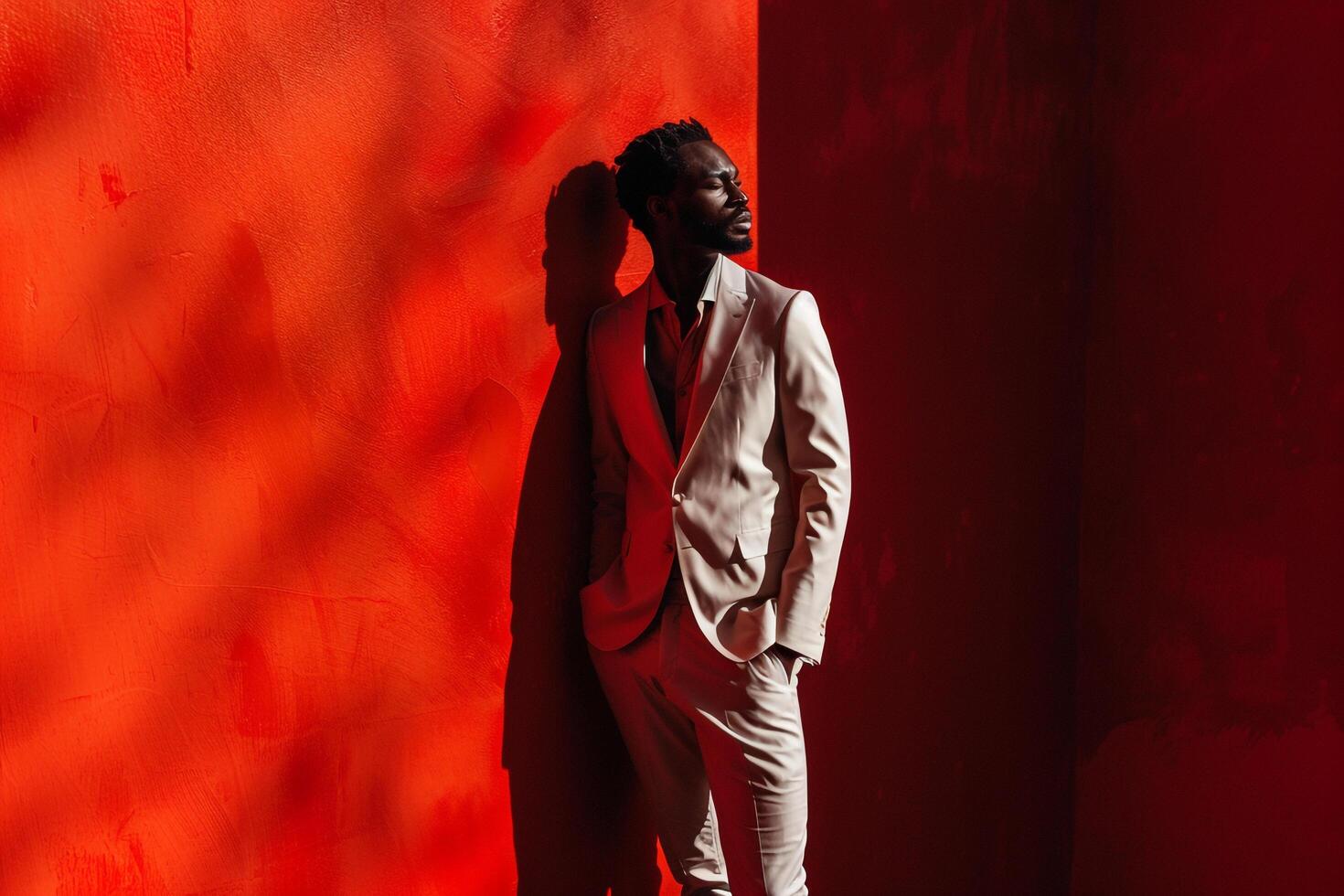 crimson red ensemble male fashion model portrait with artistic background highlighting trendy males fashion and stylish lifestyle free photo