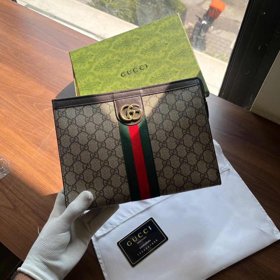 GUCCI OPHIDIA BROWN PREMIUM LEATHER POCHETTE WITH OGBOX, CARD'S, TAGS